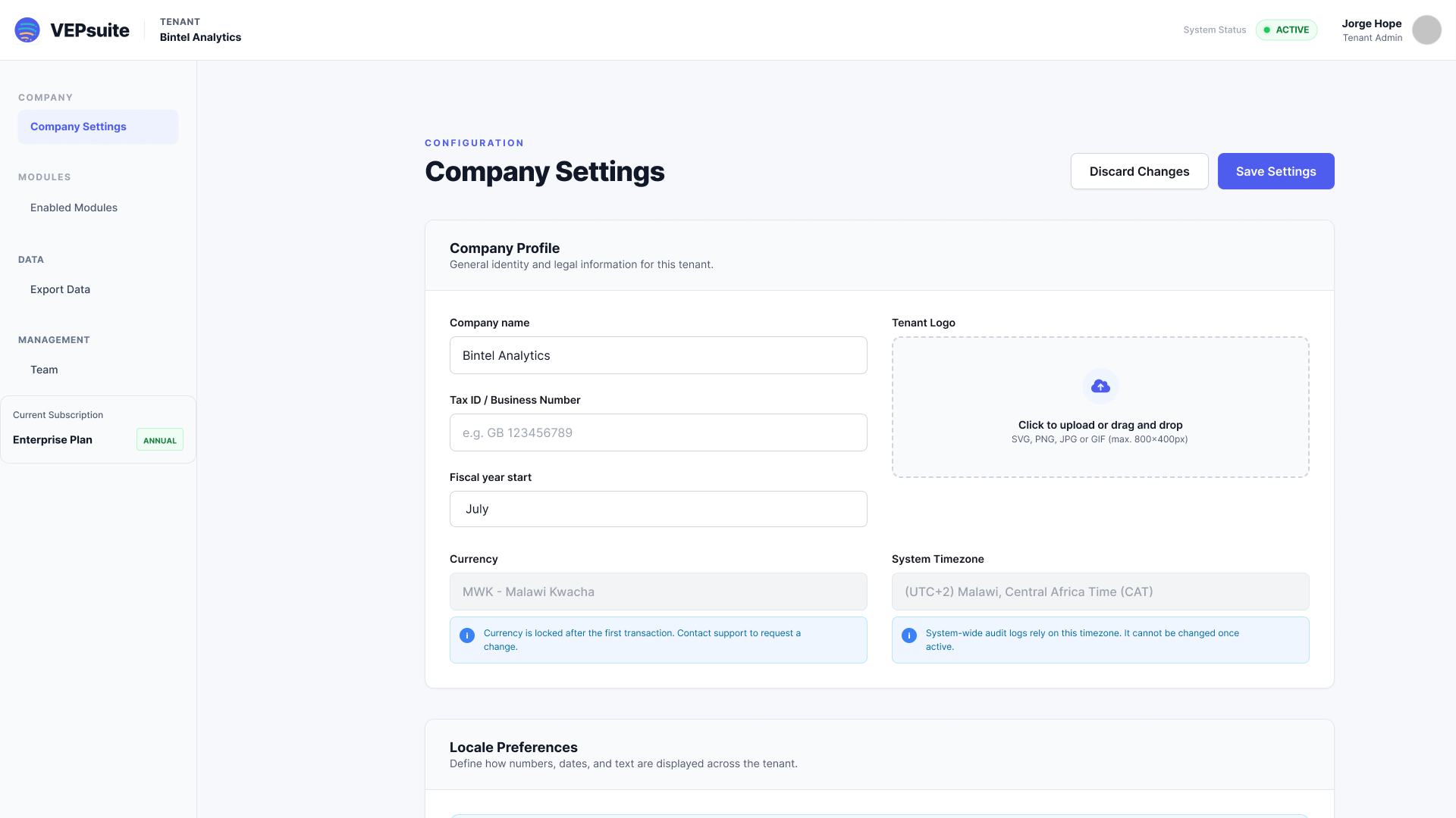 VEPSuite company settings screen